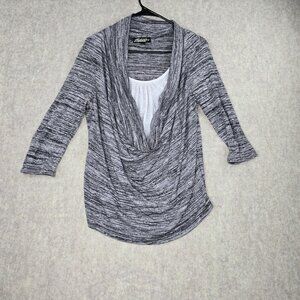 Absolutely Famous Womens Drape Neck 3/4 Sleeve Top Medium Black/White